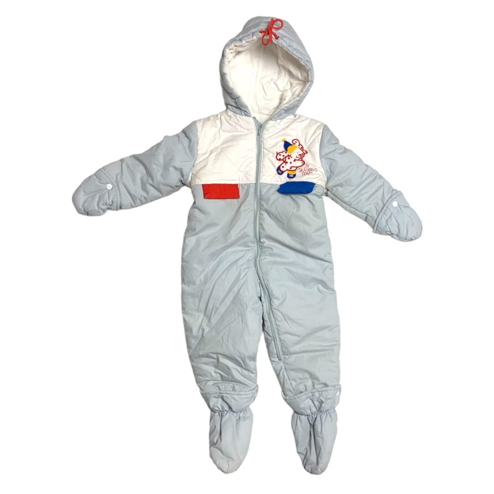 Vintage Classic 80s Gray Fleece Full Zipper Hooded Baby Toddler Snowsuit Onesie